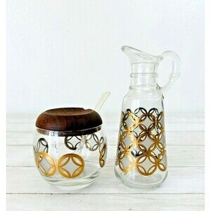 Fred Press MCM Creamer & Sugar Condiments Cruet Silver Gold Circles Signed